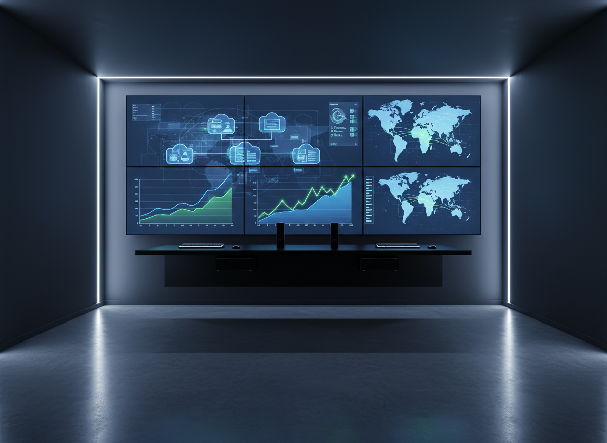 A serene, modern cloud operations command center featuring a large wall-mounted display composed of six seamlessly tiled screens showing abstract but clear cloud infrastructure diagrams, uptime graphs, and global connection maps. Below, a slim black console desk holds two minimalist keyboards and a pair of thin client devices, with cable routing hidden from view. The room has dark, matte walls and a low-sheen floor that subtly reflects the light from the displays. Ambient indirect LED lighting in cool white frames the wall, while the screen glow adds depth and soft reflections. Photographic realism from a centered, slightly wide-angle view, mood calm, controlled, and highly professional, embodying cloud solutions oversight for enterprise clients.