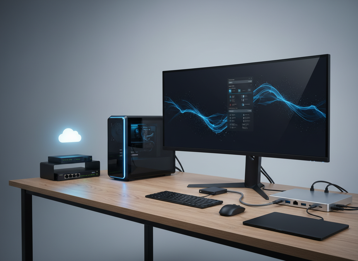 A sleek, high-end workstation setup featuring a thin-bezel 34-inch ultrawide monitor, a compact matte-black desktop tower with subtle blue LED accents, and a brushed aluminum docking hub neatly wired to multiple devices. The hardware sits on a clean, light oak desk against a soft gray wall, with network switches and a small, glowing cloud icon on a side shelf hinting at connected services. Cool, diffused studio lighting from the left creates gentle reflections on metallic surfaces and soft shadows beneath devices. Photographic realism, shot at eye level with a slight angle, sharp focus throughout, conveying a professional, modern, reliable IT solutions environment suitable for a technology provider’s homepage hero image.
