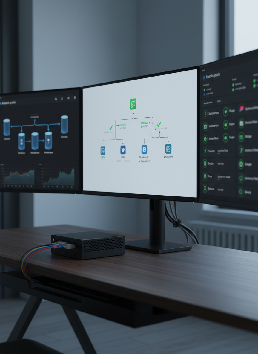 A complex software integration dashboard displayed across three thin-bezel monitors mounted on a minimalist black stand, each screen showing different but cohesive interfaces: flowcharts of connected applications, data pipelines, and successful API sync status indicators. The monitors sit on a dark walnut desk beside a compact, silent server appliance and labeled network cables entering a discreet cable management tray. Soft, cool studio lighting highlights the screen glow while maintaining legible interface details. Photographic realism at a three-quarter angle with shallow depth of field, focusing on the central monitor while the sides gently blur. The atmosphere is analytical, precise, and expert, illustrating sophisticated software integration services in a clean, modern workspace.