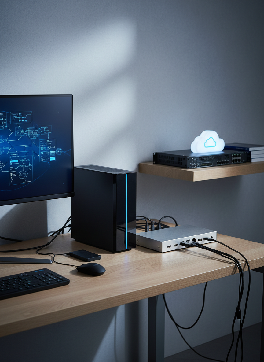 A sleek, high-end workstation setup featuring a thin-bezel 34-inch ultrawide monitor, a compact matte-black desktop tower with subtle blue LED accents, and a brushed aluminum docking hub neatly wired to multiple devices. The hardware sits on a clean, light oak desk against a soft gray wall, with network switches and a small, glowing cloud icon on a side shelf hinting at connected services. Cool, diffused studio lighting from the left creates gentle reflections on metallic surfaces and soft shadows beneath devices. Photographic realism, shot at eye level with a slight angle, sharp focus throughout, conveying a professional, modern, reliable IT solutions environment suitable for a technology provider’s homepage hero image.