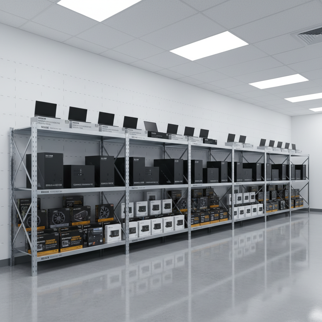 A row of meticulously arranged computer systems on metal shelving in a modern tech facility: boxed business laptops, small form-factor desktops, and neatly stacked graphics card and SSD packages, all with visible but generic labeling. The shelving stands on polished concrete flooring against a white wall with subtle grid patterns, suggesting inventory organization. Overhead cool-white LED panel lighting illuminates the hardware evenly, creating crisp, clean reflections and minimal shadows. Photographic realism from a slightly elevated perspective, capturing the full breadth of the inventory. The mood is efficient, organized, and trustworthy, emphasizing Buzwe Technologies as a reliable computer supplier with well-managed stock and professional standards.