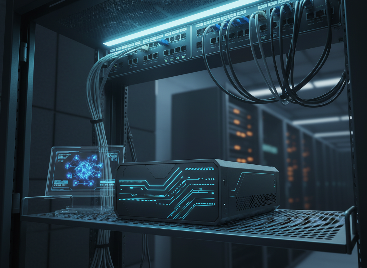 A futuristic, compact AI inference server with a matte black chassis, subtle geometric vents, and a front panel of programmable LED indicators glowing in calm blues and teals, resting on a tidy rack shelf. Around it, labeled fiber and Ethernet connections route into a neatly organized patch panel, with a small tabletop display showing a stylized neural network diagram and performance metrics. The environment is a modern server room with dark acoustic panels and faint rows of racks in soft focus. Directional cool LED lighting creates a dramatic side light on the server edges with gentle shadows. Photographic realism, low-angle composition for a sense of power and innovation, conveying cutting-edge AI adoption infrastructure.